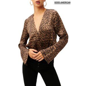 GOOD AMERICAN NWT SATIN WRAP SEPIA LEOPARD BODYSUIT. SIZE 2(M)